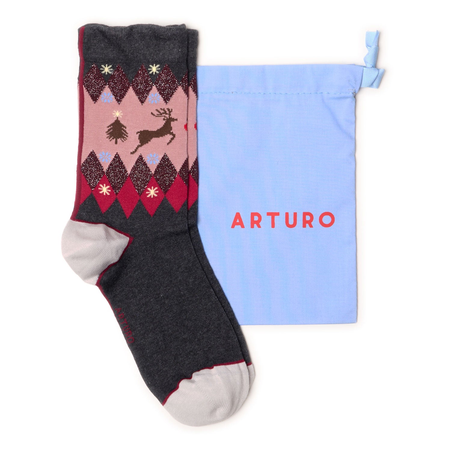 Calze di Natale da donna di Arturo Stories. In tinta unita antracite, con punta e tallone grigio perla e profilo bordeaux.