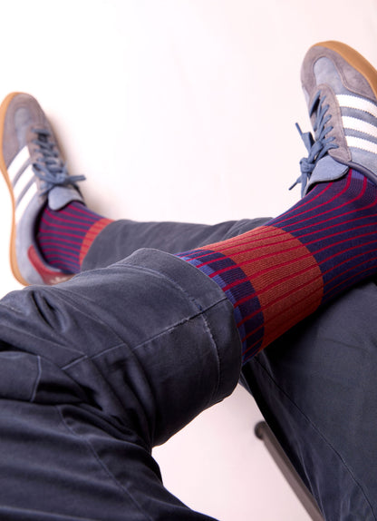 Calze "Organetto" a righe blu da uomo di Arturo Stories. Con righe orizzontali marroni e celesti, righe verticali rosse.