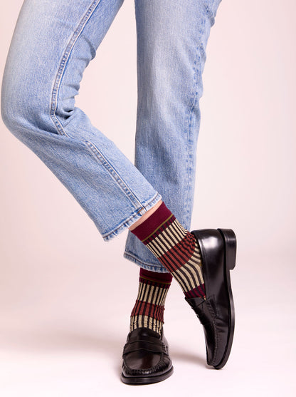 Calze "Organetto" a righe prugna lurex da donna di Arturo Stories. 