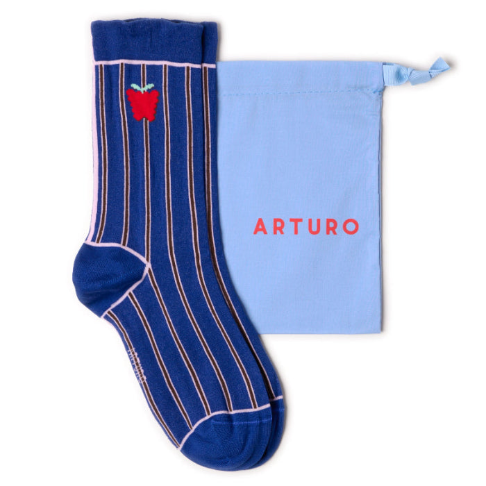 Calzini a righe bluette da donna di Arturo Stories. Con righe verticali rosa e bordeaux, disegno di un frutto, punta e tallone blu, profilo rosa.