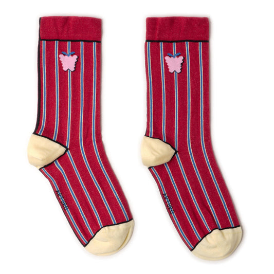 Calzini a righe verticali mattone da donna di Arturo Stories. Righe celesti e gialle, disegno di un frutto, punta e tallone gialli, profilo nero.