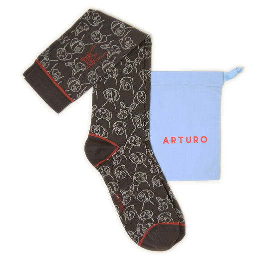 Calzini lunghi da uomo con fantasia di cani e gatti di Arturo Stories color antracite.