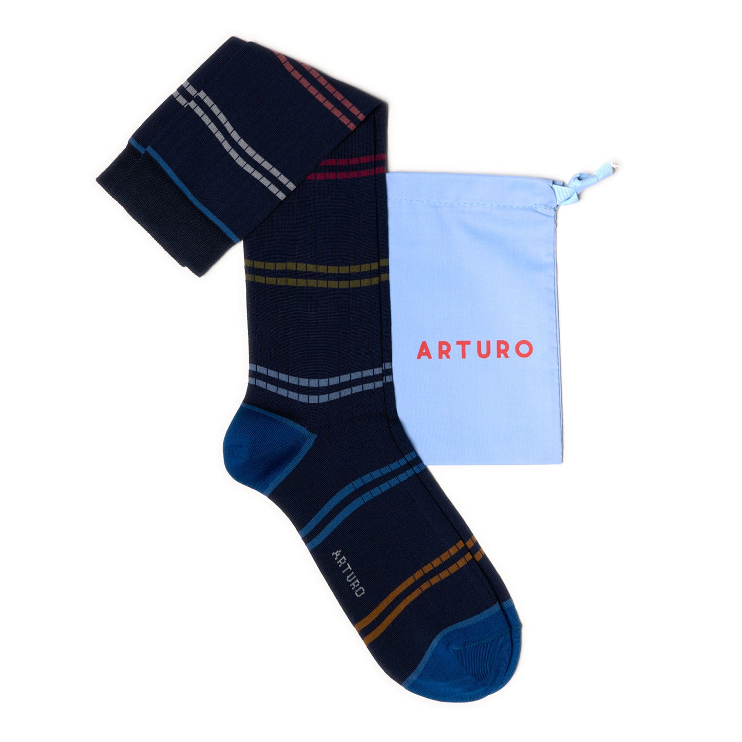 Calzini a costine e righe "costa a costa" lunghi, da uomo di Arturo Stories. In filo di scozia, con righe  multicolor.