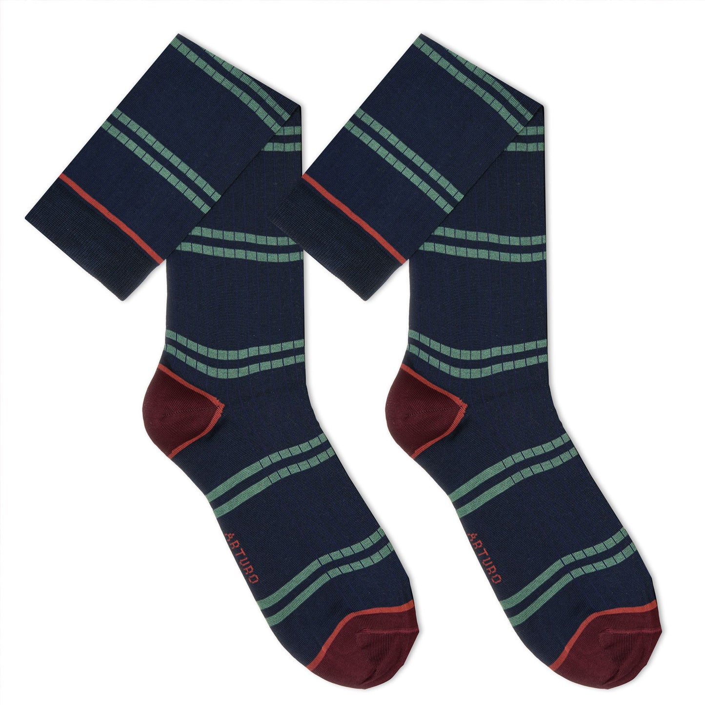 Calzini a costine "costa a costa" blu e righe salvia, lunghi da uomo di Arturo Stories.