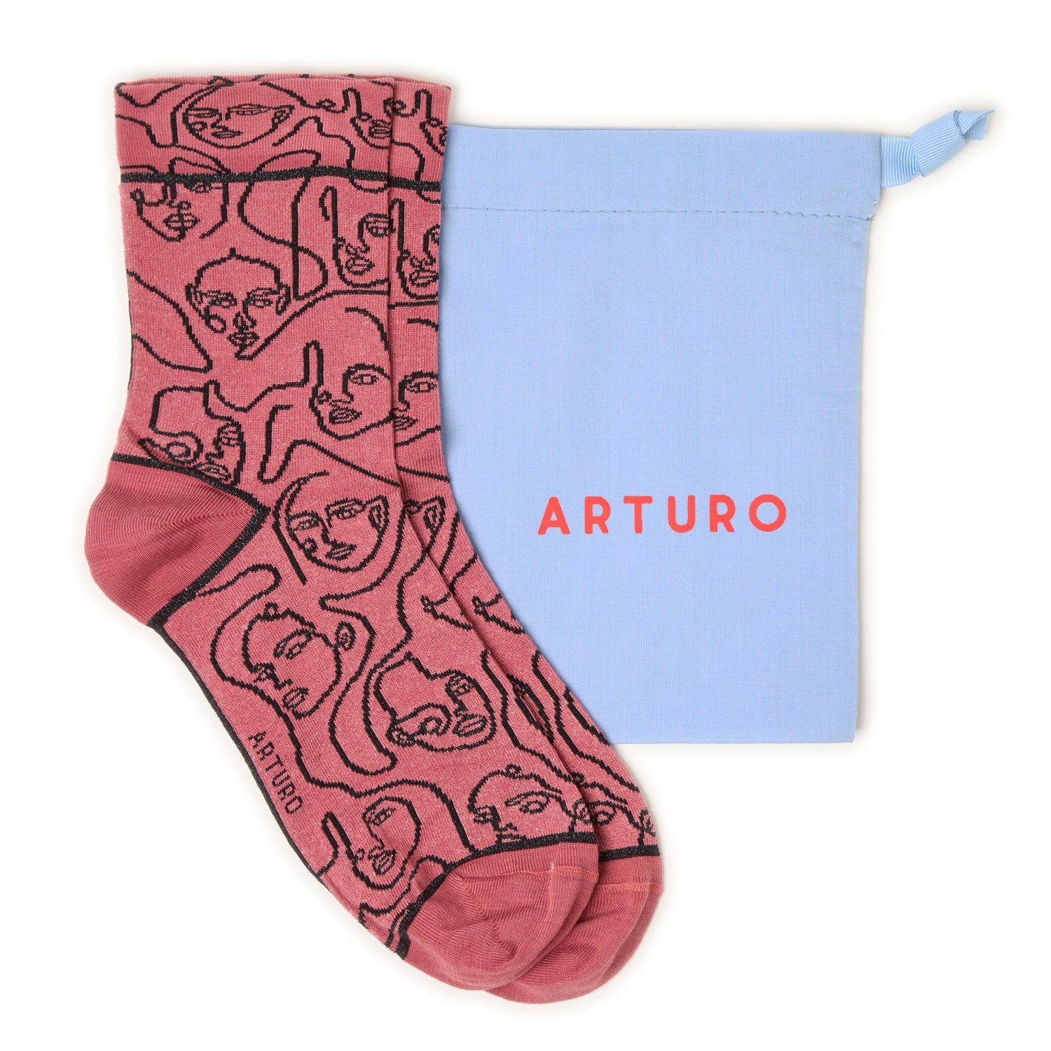 Calzini "Di contorno" rosa con facce ricamate nere di Arturo Stories.