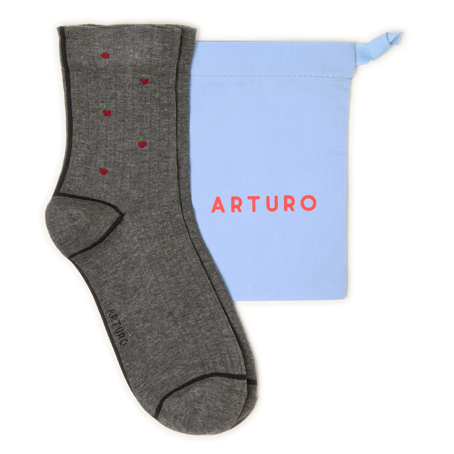 Calzini a costine grigi da donna di Arturo Stories con fragole ricamate.