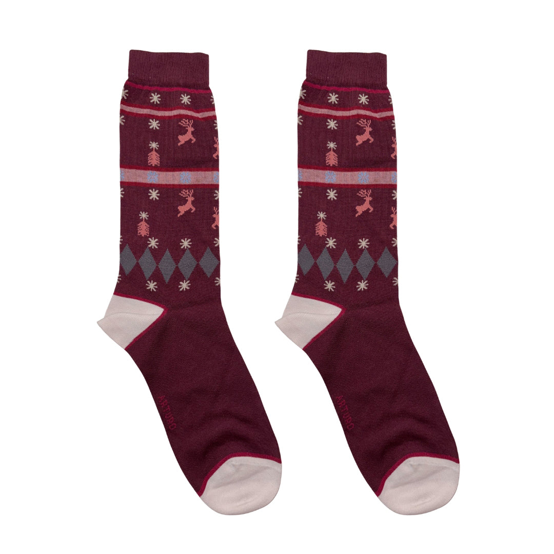 Calzini di Natale da uomo di Arturo Stories. A tinta unita bordeaux, con punta e tallone grigi e profilo rosso.