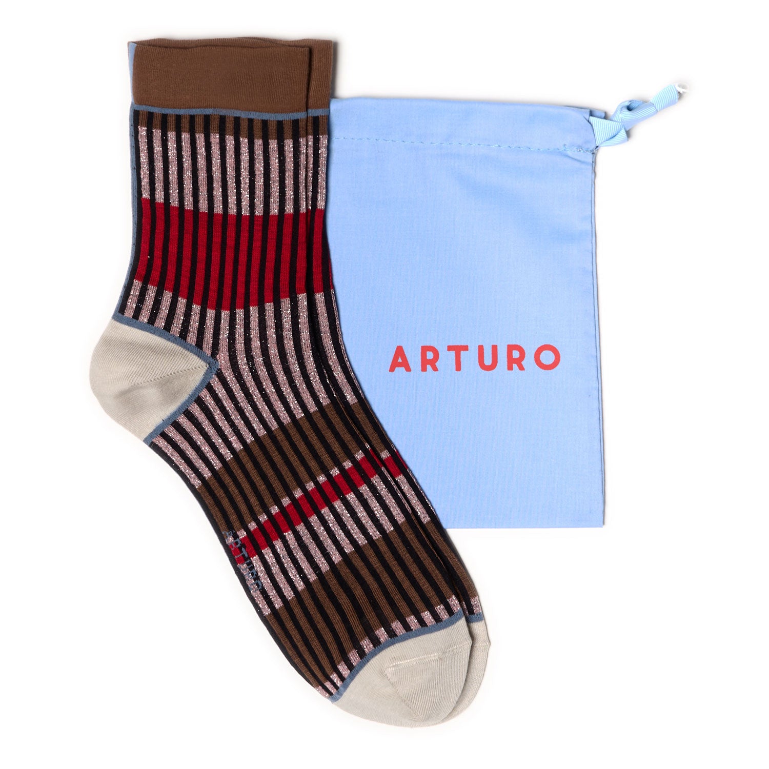 Calzini "Organetto" a righe marroni, rosa lurex e rosso da donna di Arturo Stories. 