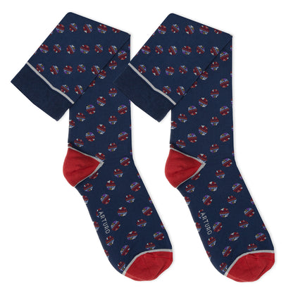 Calzini fantasia nel pallone blu da uomo di Arturo Stories. Con palloni colorati, punta e tallone rosso e profilo bianco. 