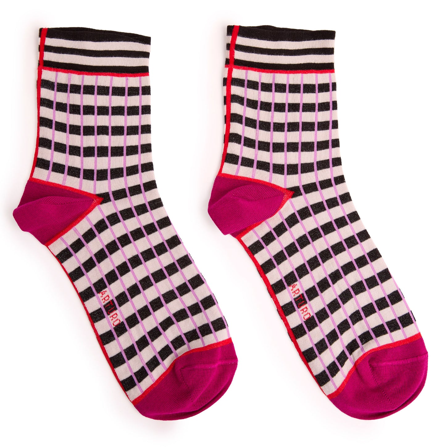 Calzini corti a righe orizzontali bianche e nere da donna di Arturo Stories. 