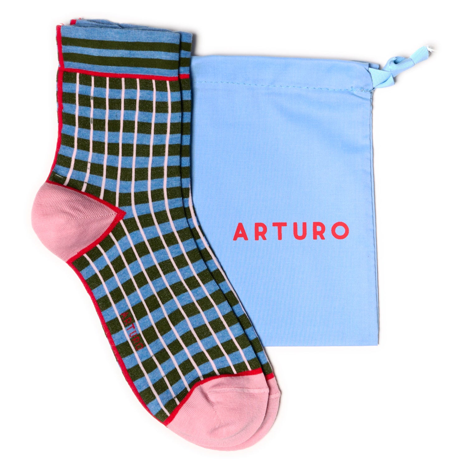 Calzini corti a righe orizzontali celesti e oliva da donna di Arturo Stories.