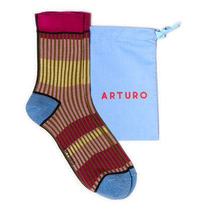 Calzini "Organetto" a righe ciclamino, rosa e giallo da donna di Arturo Stories.