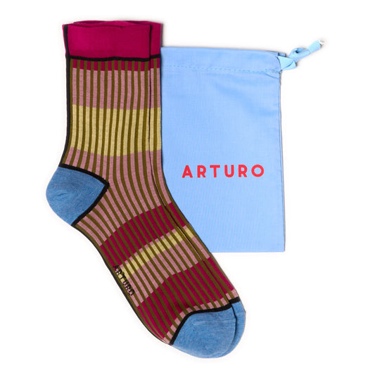 Calzini "Organetto" a righe ciclamino, rosa e giallo da donna di Arturo Stories.