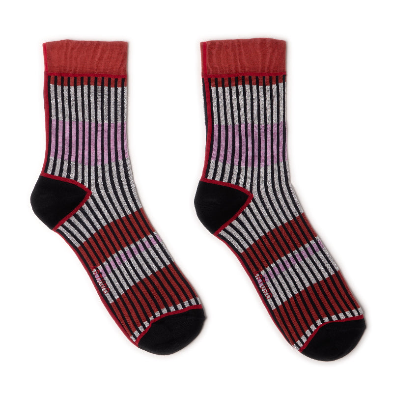 Calzini a righe color mattone "Organetto" da donna di Arturo Stories. Con dettagli grigio lurex, neri, lilla.