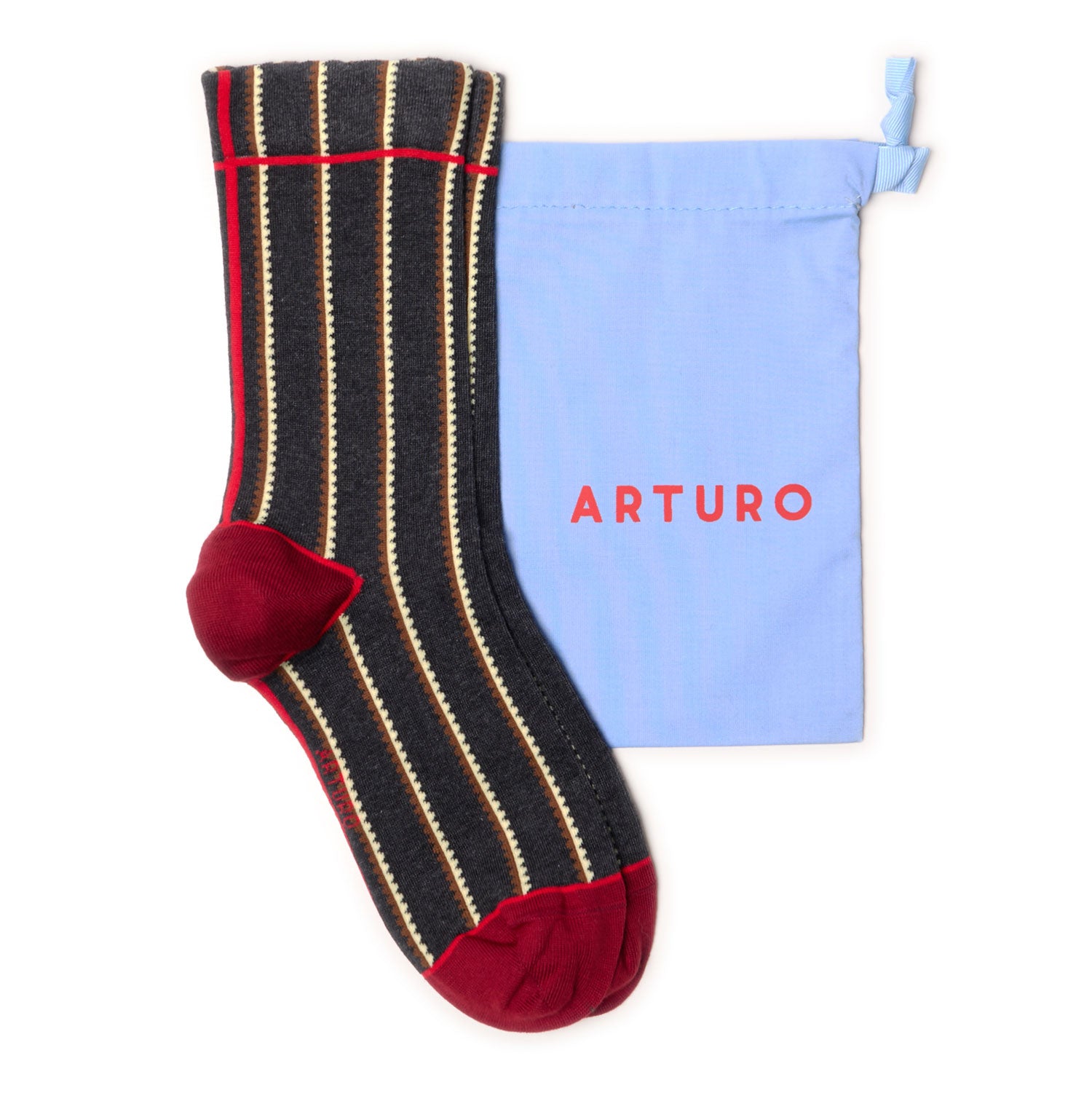 Calzini a righe smerlate antracite da donna di Arturo Stories. Righe verticali bicolor, punta, tallone e profilo rossi.