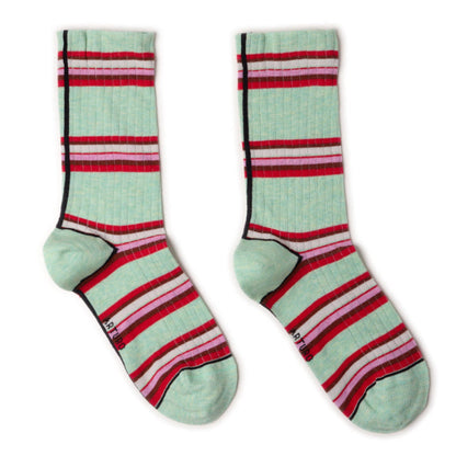 Calzini a righe orizzontali verde menta "Rigoroso" da donna di Arturo Stories. Con righe multicolor, punta e tallone menta, profilo nero.