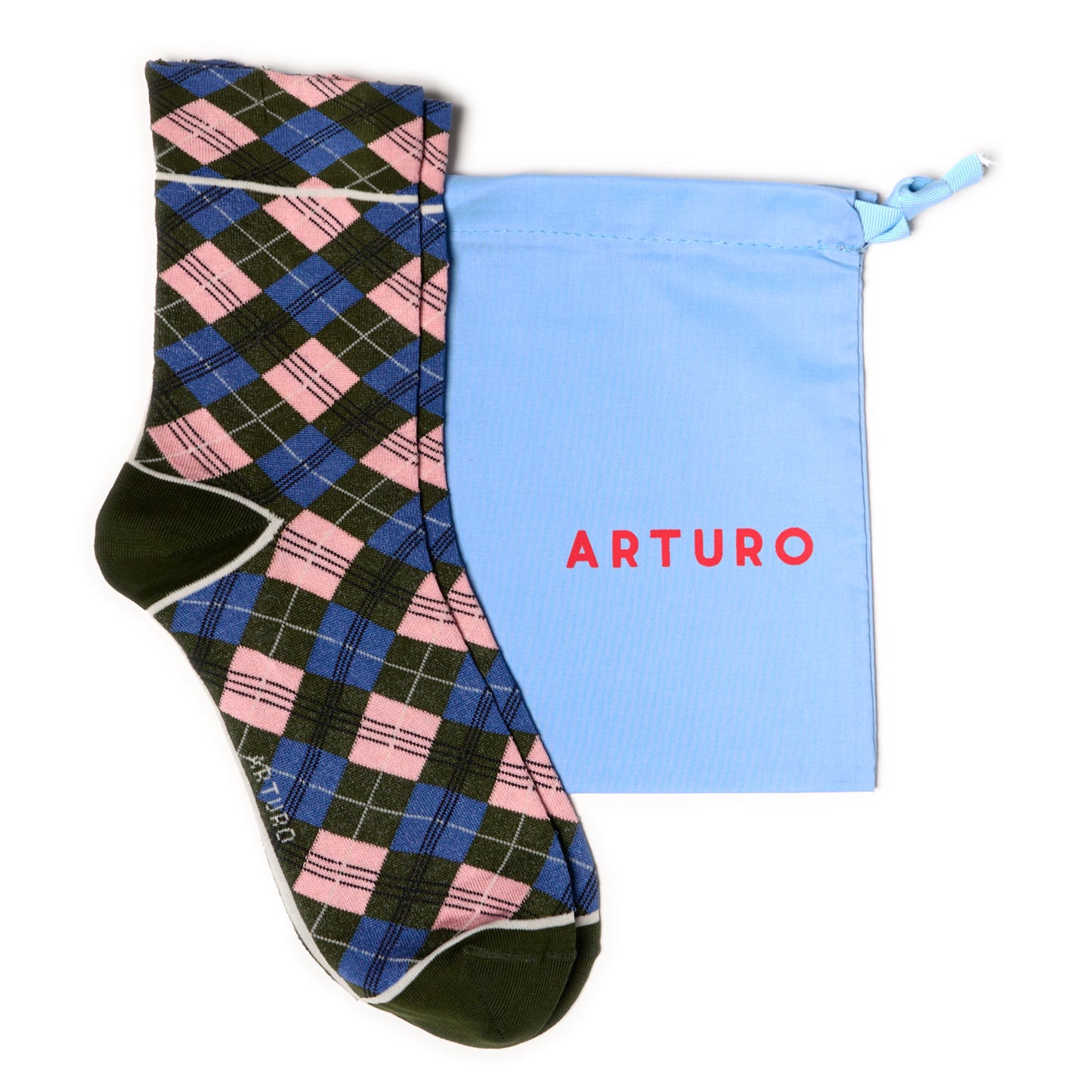 Calzini scozzesi verde oliva da donna di Arturo Stories. In filo di scozia, con fantasia a rombi rosa e blu.