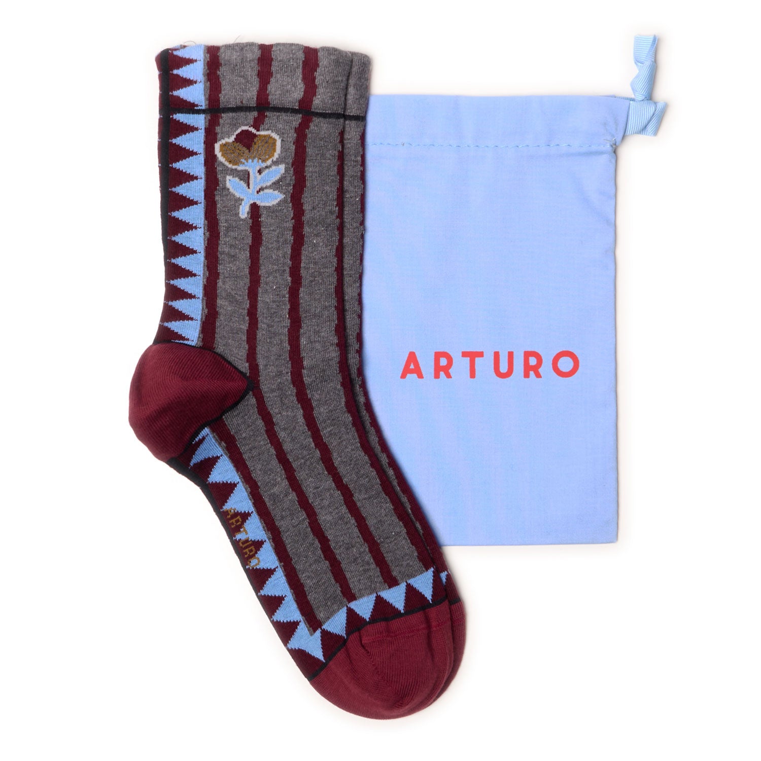 Calzini con fantasia a zig zag antracite da donna. Con fantasia a fiori e righe bordeaux.