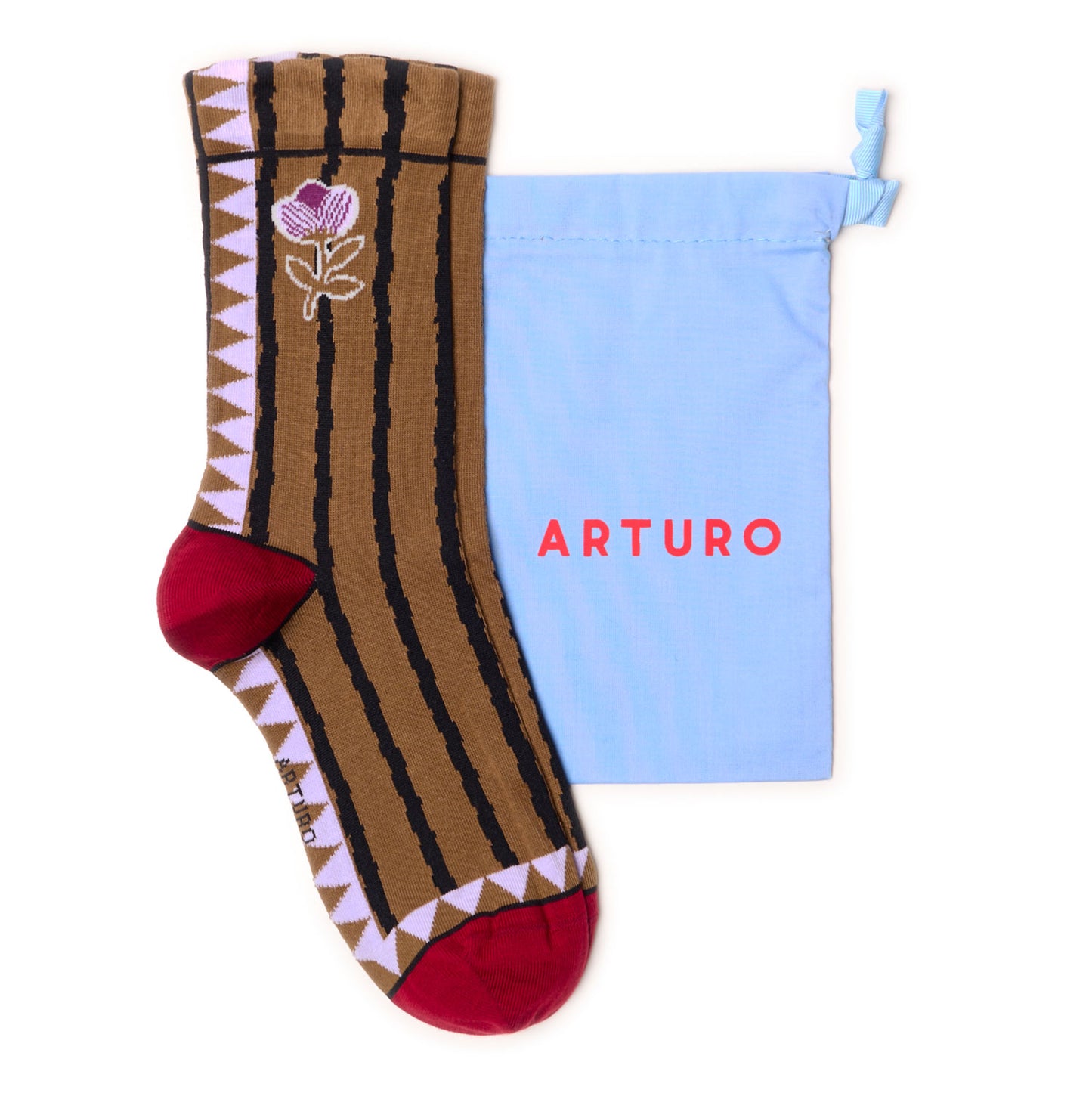 Calzini a fantasia a zig zag senape con fiori e righe da donna di Arturo Stories.