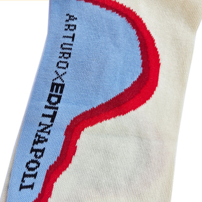 Dettaglio dei Calzini X Edit corti da uomo di Arturo Stories, realizzati per la Fiera del Design Editoriale e D’Autore 2025 di Napoli.