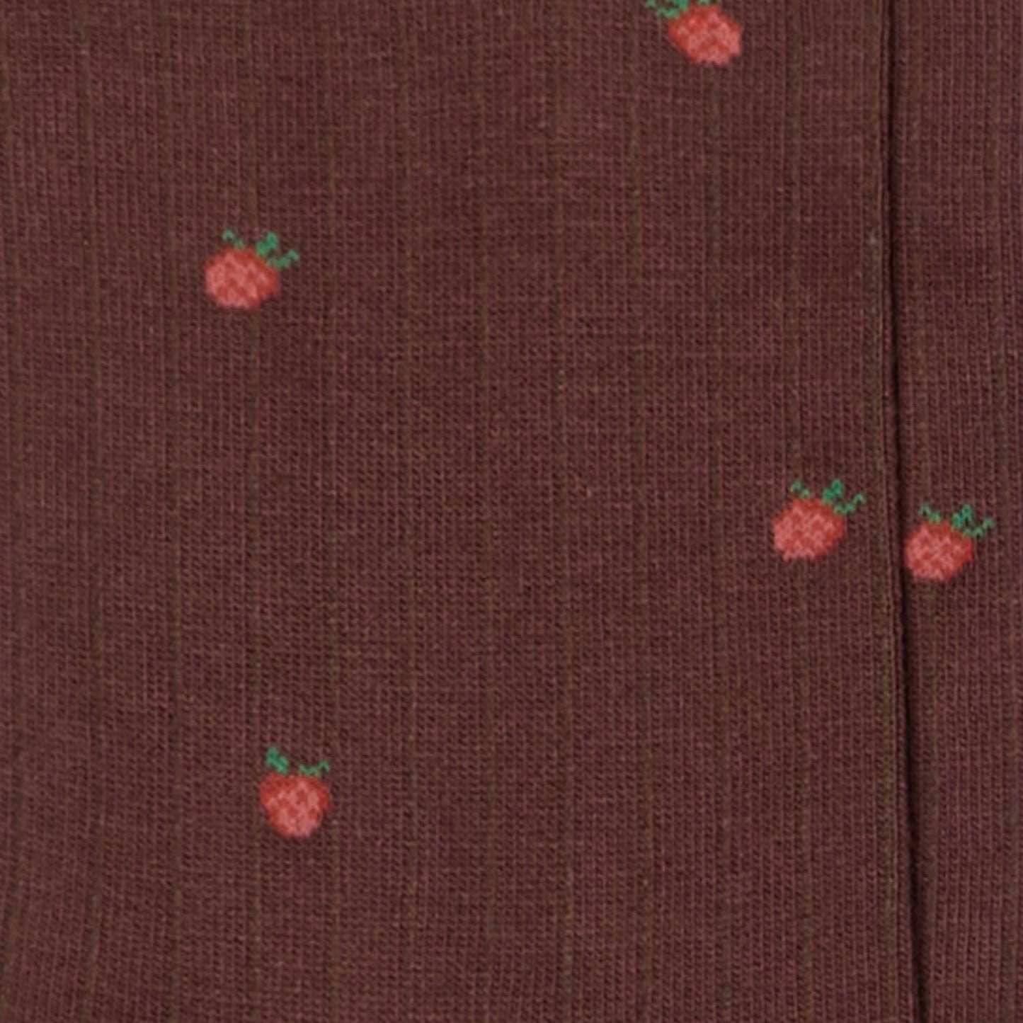 Dettaglio delle fragole rosse ricamate sui calzini a costine marroni da donna di Arturo Stories.