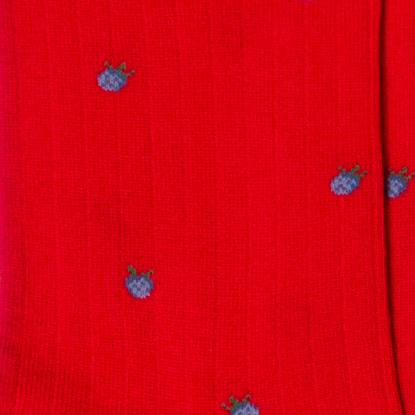 Dettaglio delle fragole blu ricamate sui calzini a costine rossi da donna di Arturo Stories.