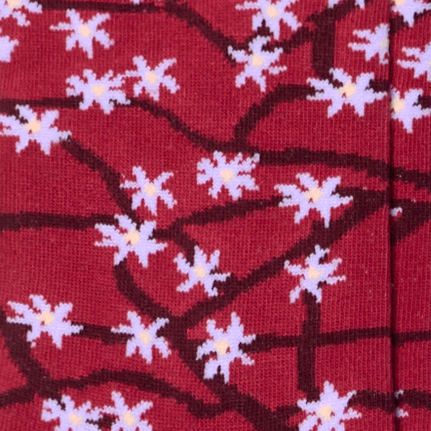 Dettaglio dei calzini con fantasia floreale da donna rosso rubino di Arturo Stories.