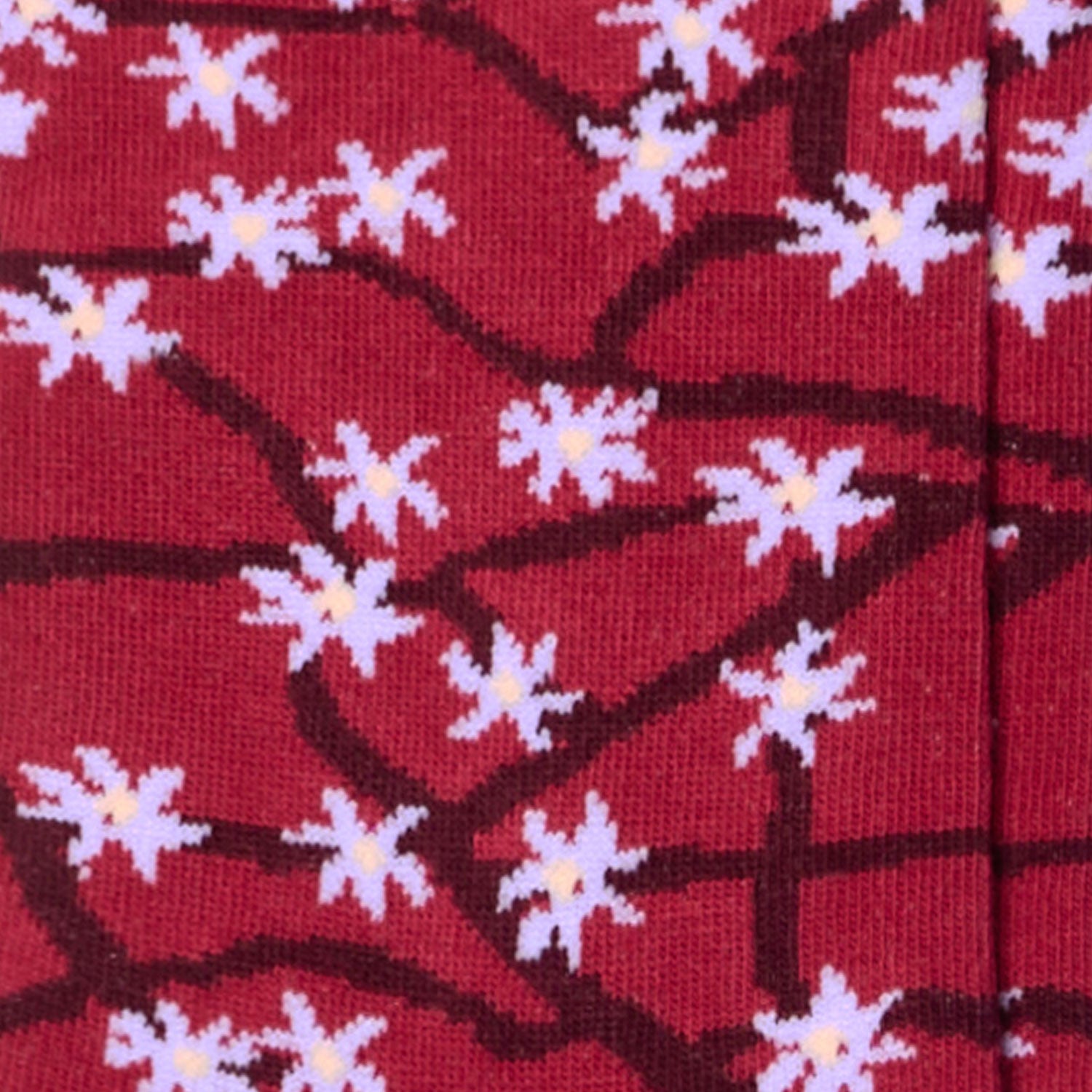 Dettaglio dei calzini con fantasia floreale da donna rosso rubino di Arturo Stories.