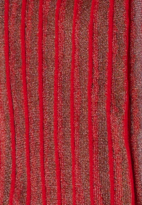 Dettaglio dei calzini trasparenti a righe rosse "Riga dritto" da donna di Arturo Stories. 