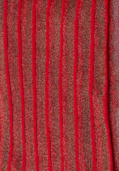 Dettaglio dei calzini trasparenti a righe rosse "Riga dritto" da donna di Arturo Stories. 